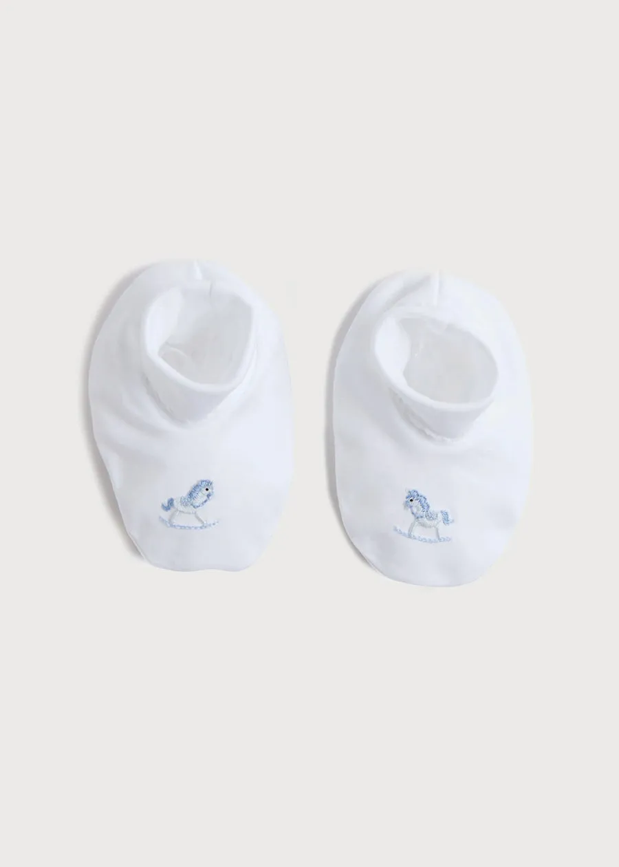Newborn Booties With Rocking Horse Embroidery Blue (1-3mths)
