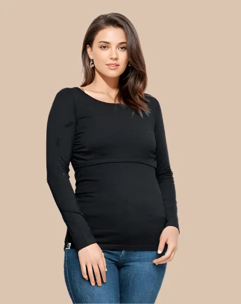 Nursing Long Sleeve Cotton T-Shirt | Black