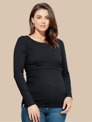 Nursing Long Sleeve Cotton T-Shirt | Black
