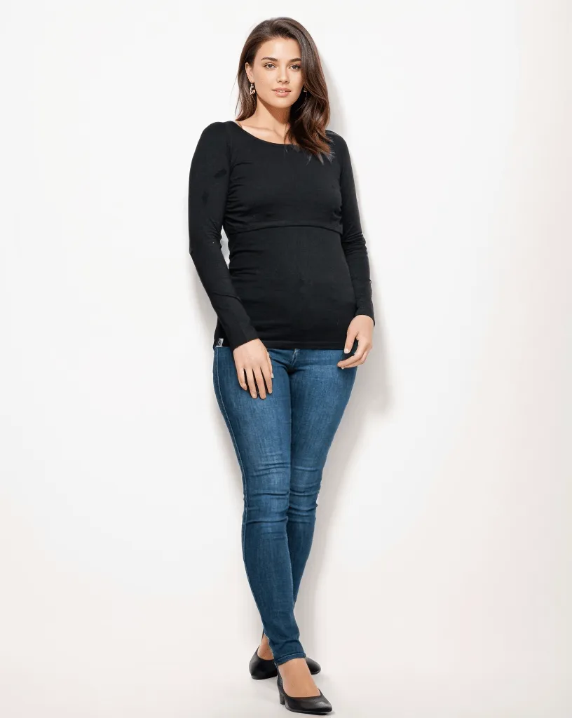 Nursing Long Sleeve Cotton T-Shirt | Black