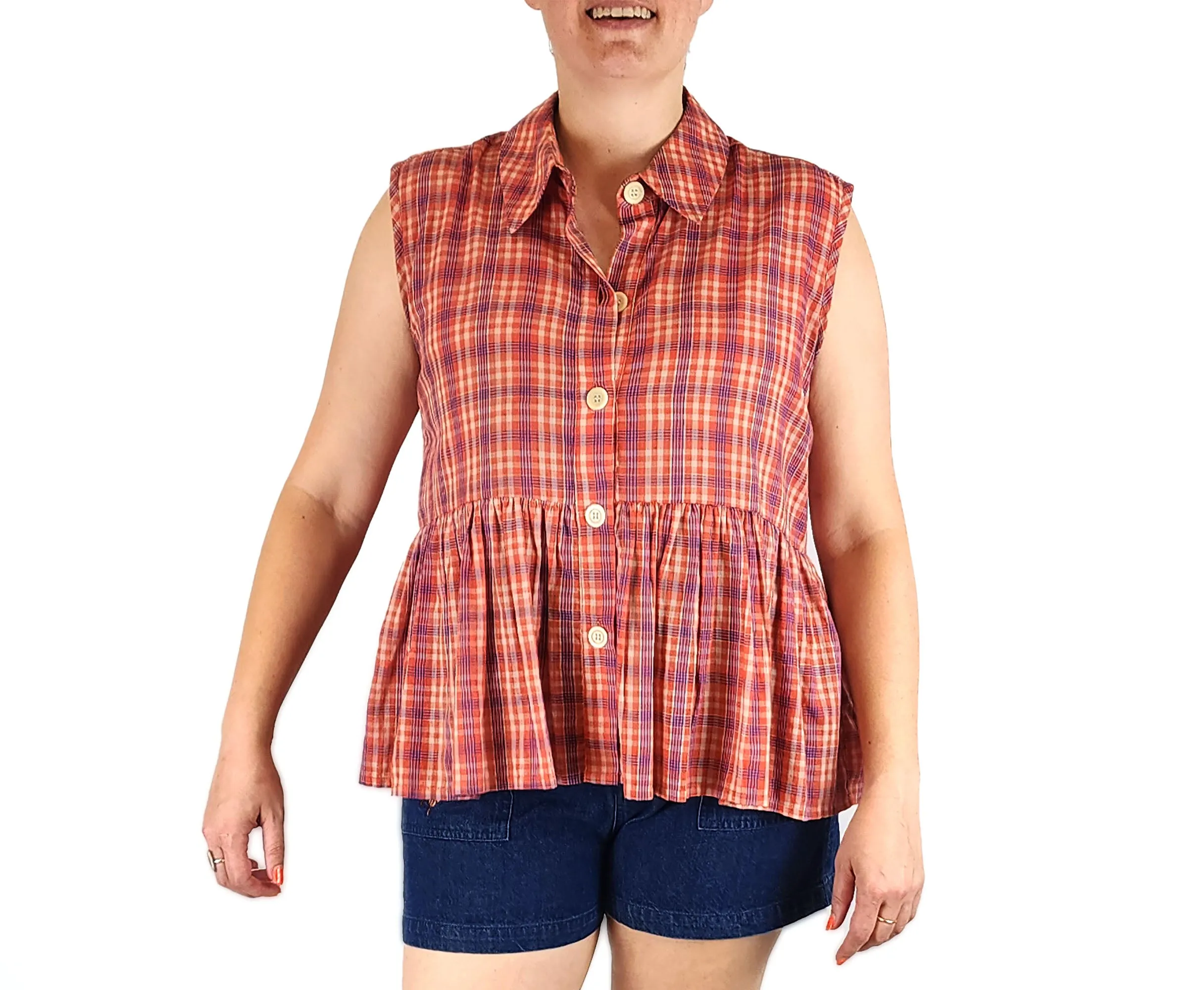 Obus plaid sleeveless top size 3, best fits 14
