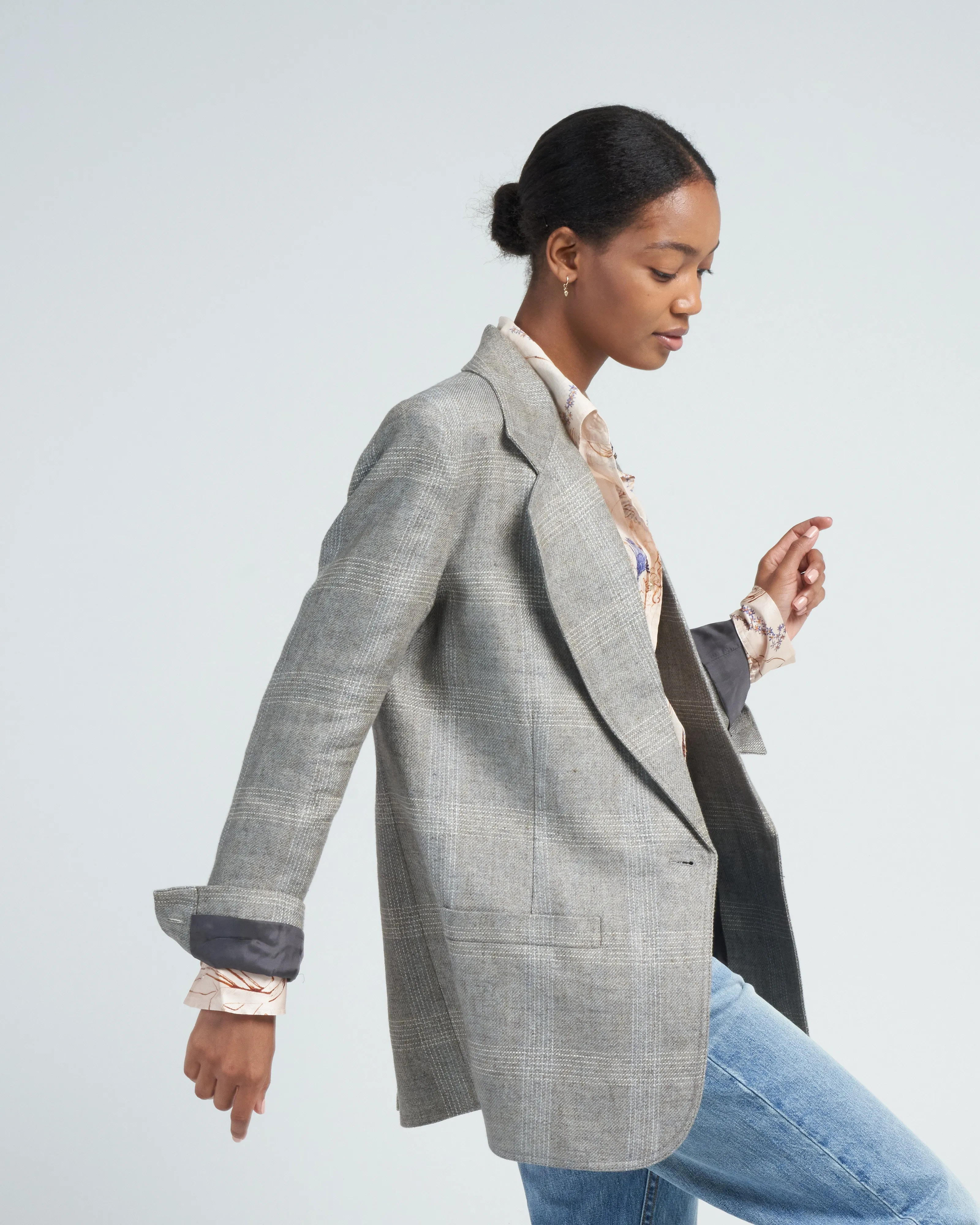 oversized notched lapel blazer - grey glen check