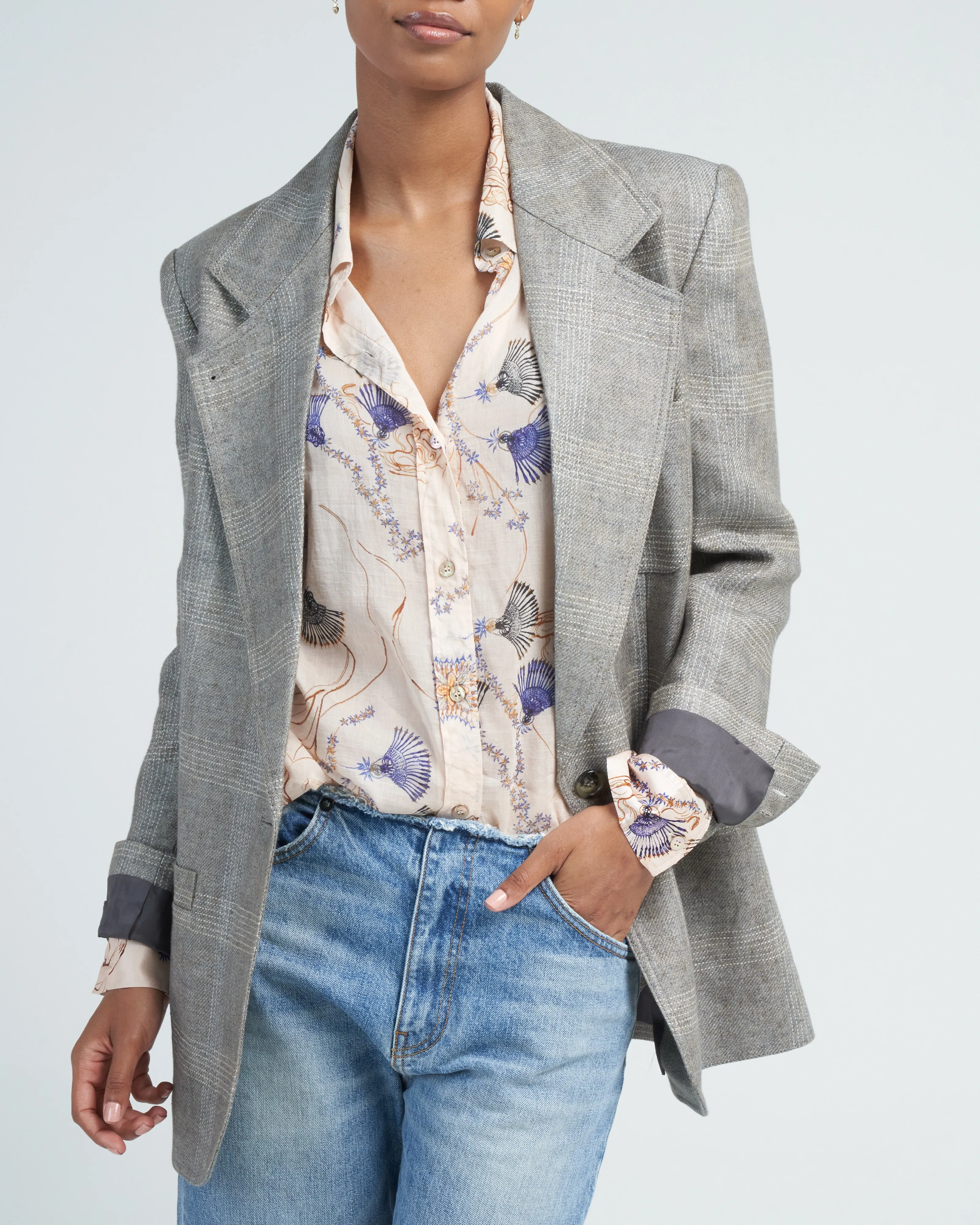 oversized notched lapel blazer - grey glen check