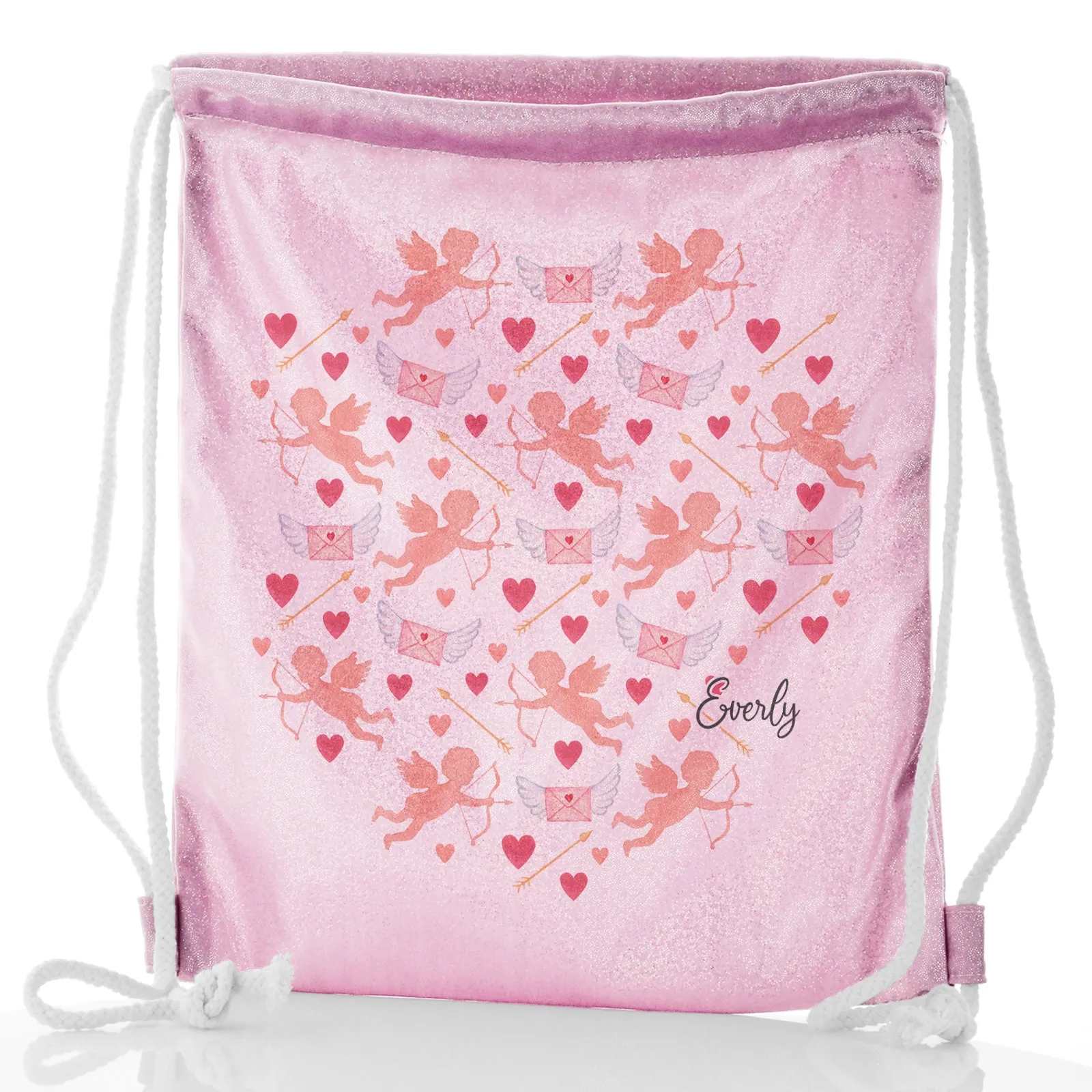 Personalised Glitter Drawstring Backpack with Stylish Text and Cupid Hearts Print