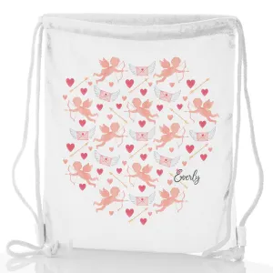 Personalised Glitter Drawstring Backpack with Stylish Text and Cupid Hearts Print