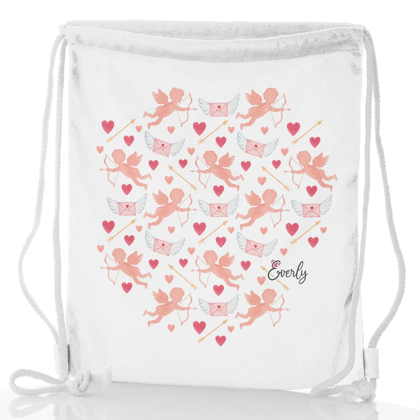 Personalised Glitter Drawstring Backpack with Stylish Text and Cupid Hearts Print
