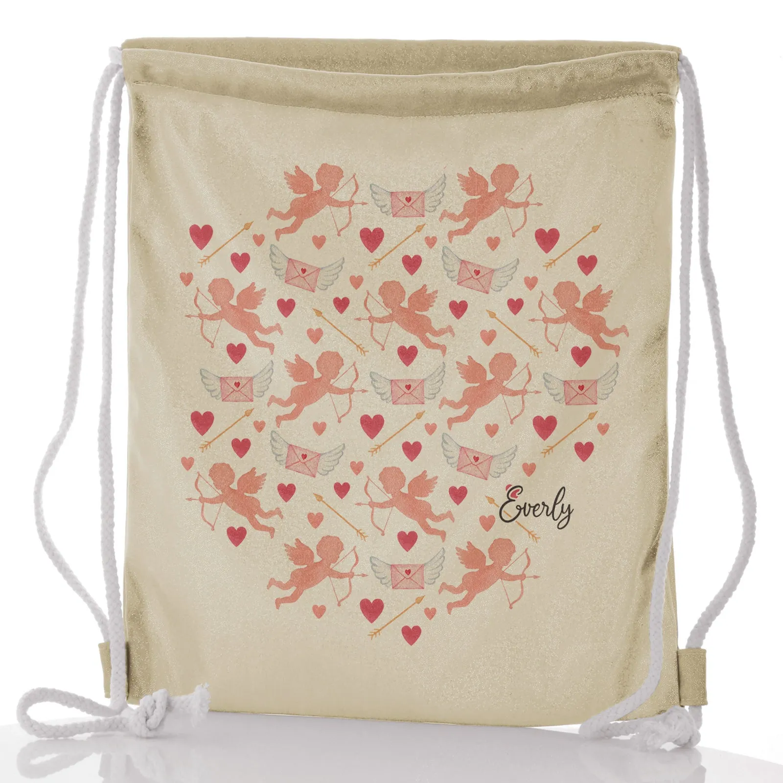 Personalised Glitter Drawstring Backpack with Stylish Text and Cupid Hearts Print
