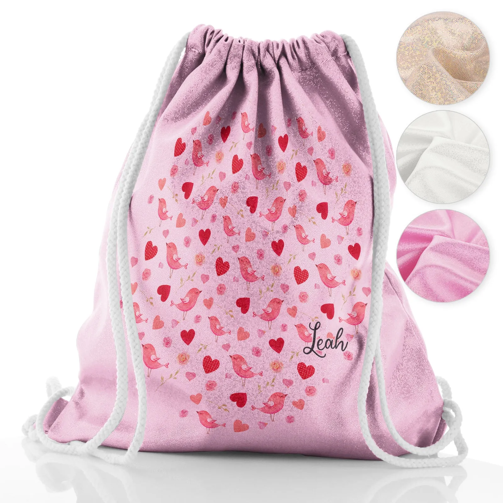 Personalised Glitter Drawstring Backpack with Stylish Text and Love Heart Birds Print