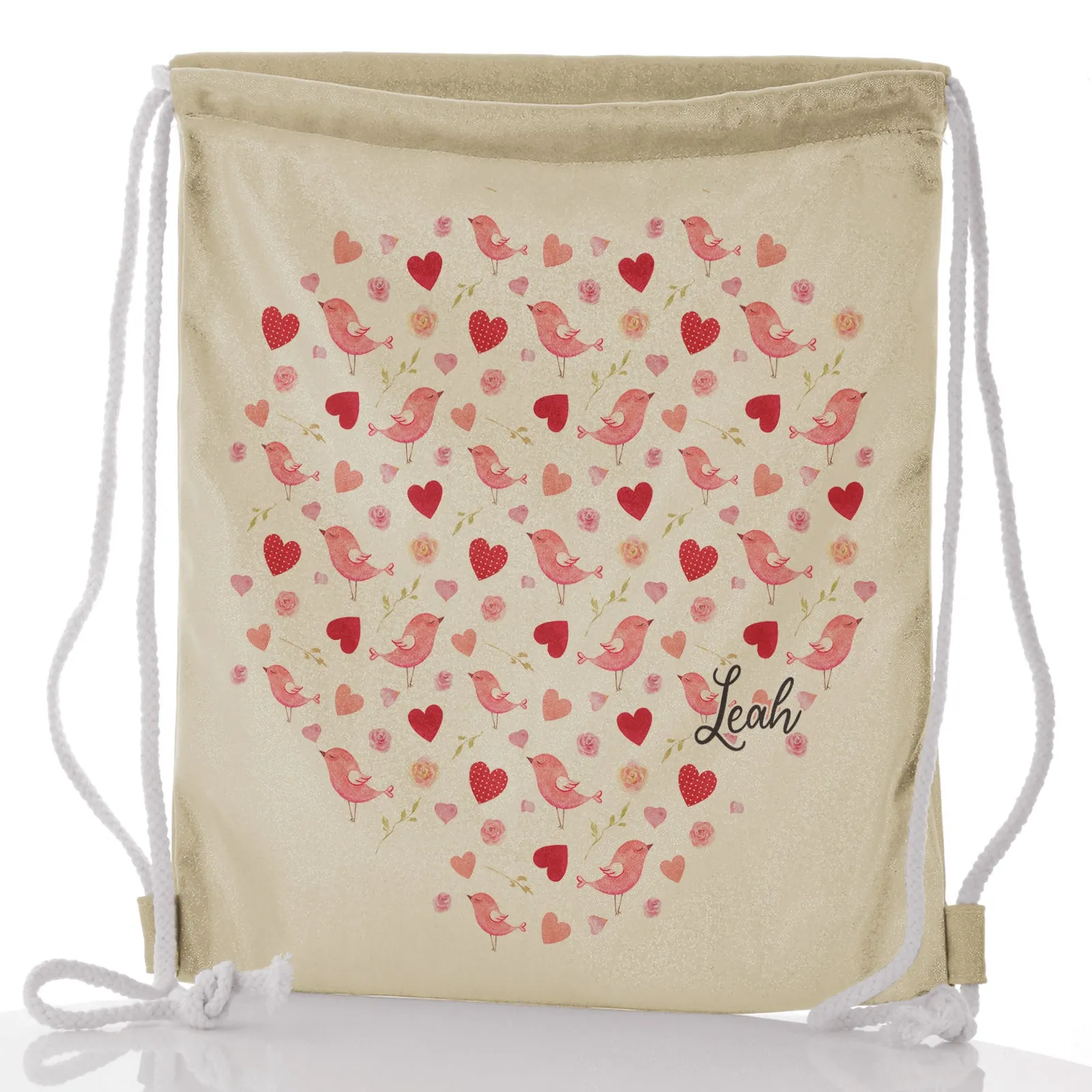 Personalised Glitter Drawstring Backpack with Stylish Text and Love Heart Birds Print