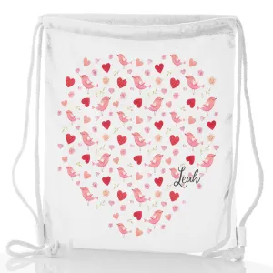 Personalised Glitter Drawstring Backpack with Stylish Text and Love Heart Birds Print