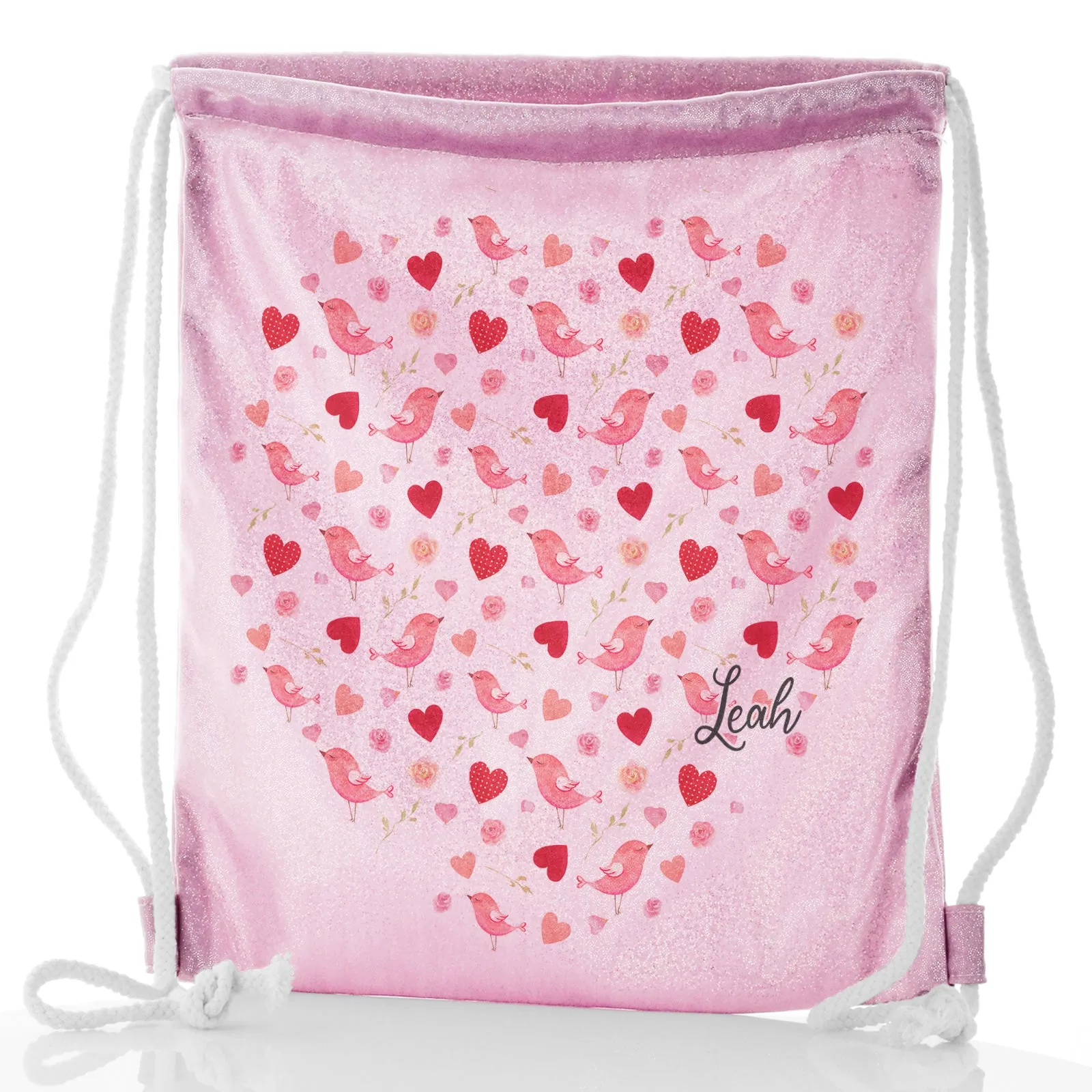 Personalised Glitter Drawstring Backpack with Stylish Text and Love Heart Birds Print