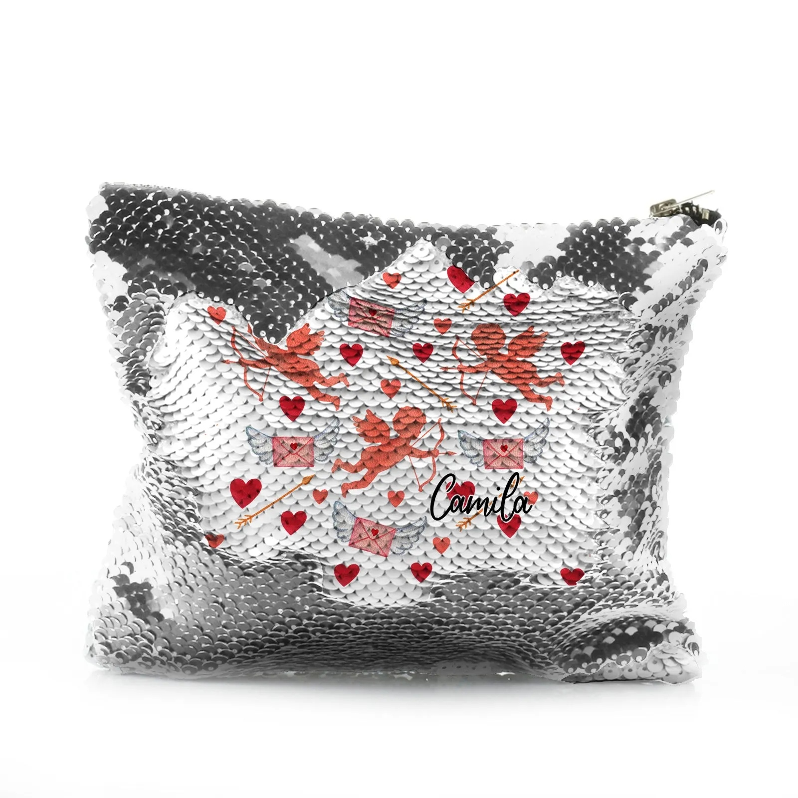 Personalised Sequin Zip Bag with Stylish Text and Cupid Hearts Print