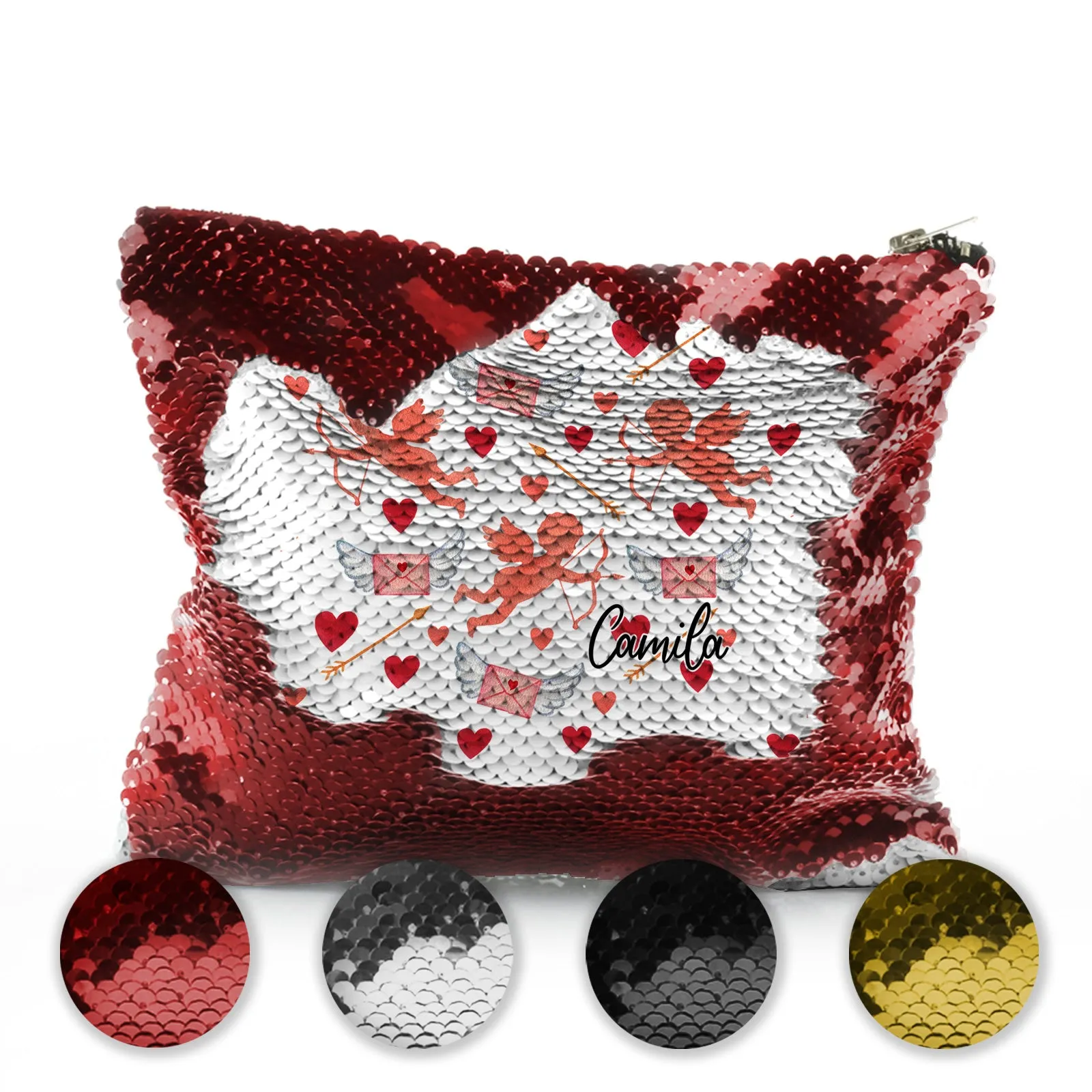 Personalised Sequin Zip Bag with Stylish Text and Cupid Hearts Print
