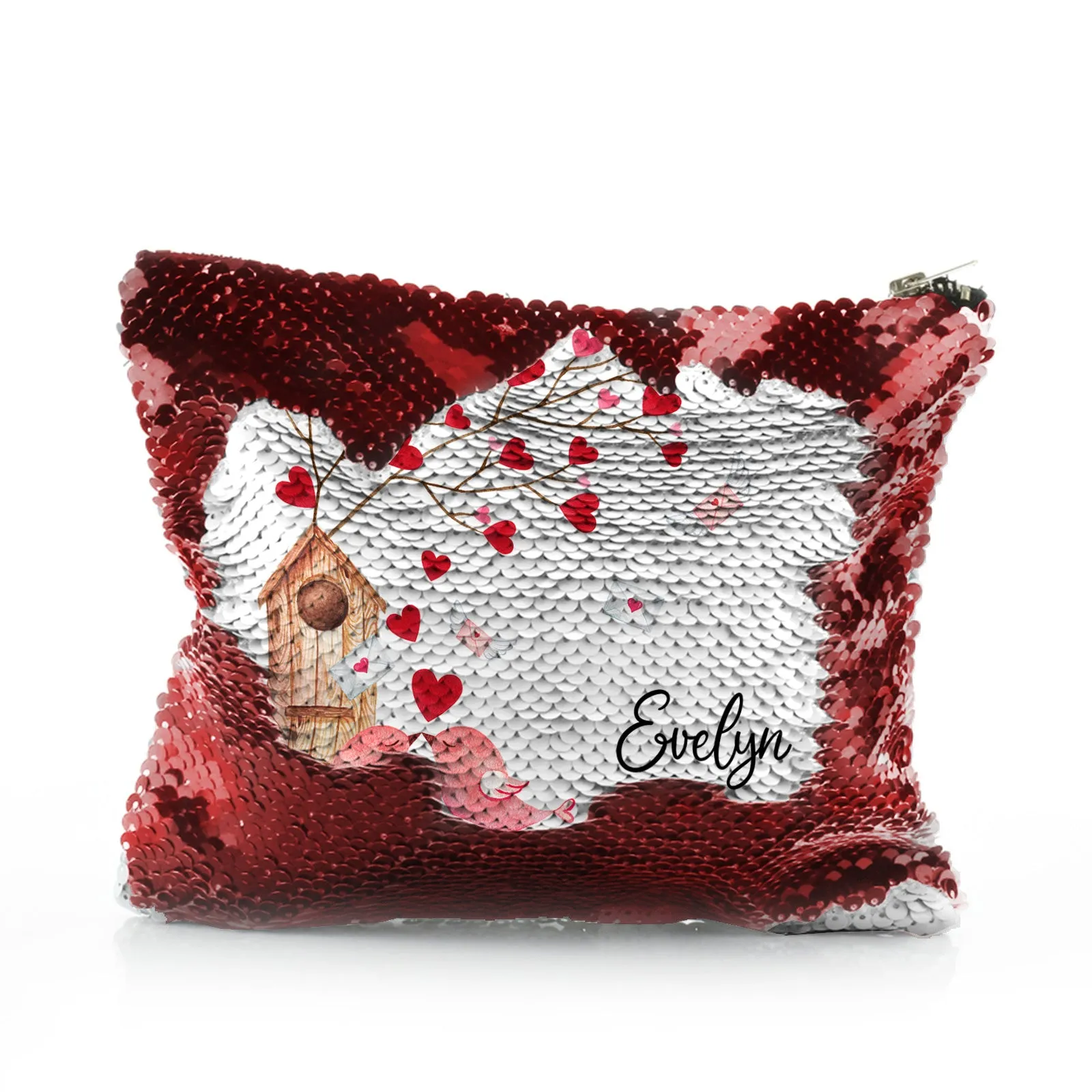 Personalised Sequin Zip Bag with Stylish Text and Love Bird Letters Print