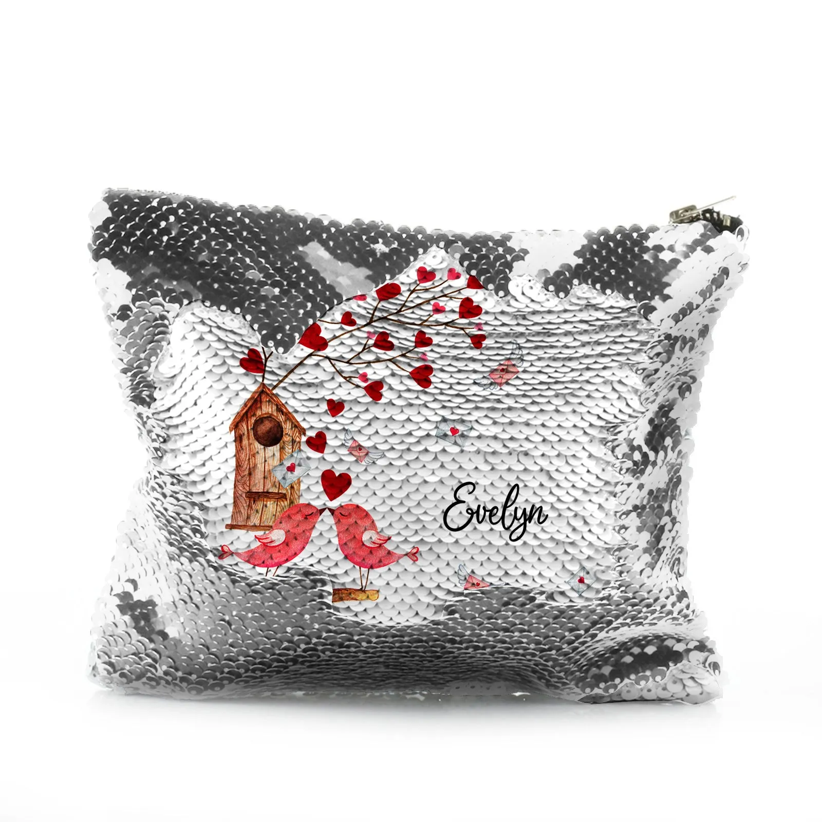 Personalised Sequin Zip Bag with Stylish Text and Love Bird Letters Print