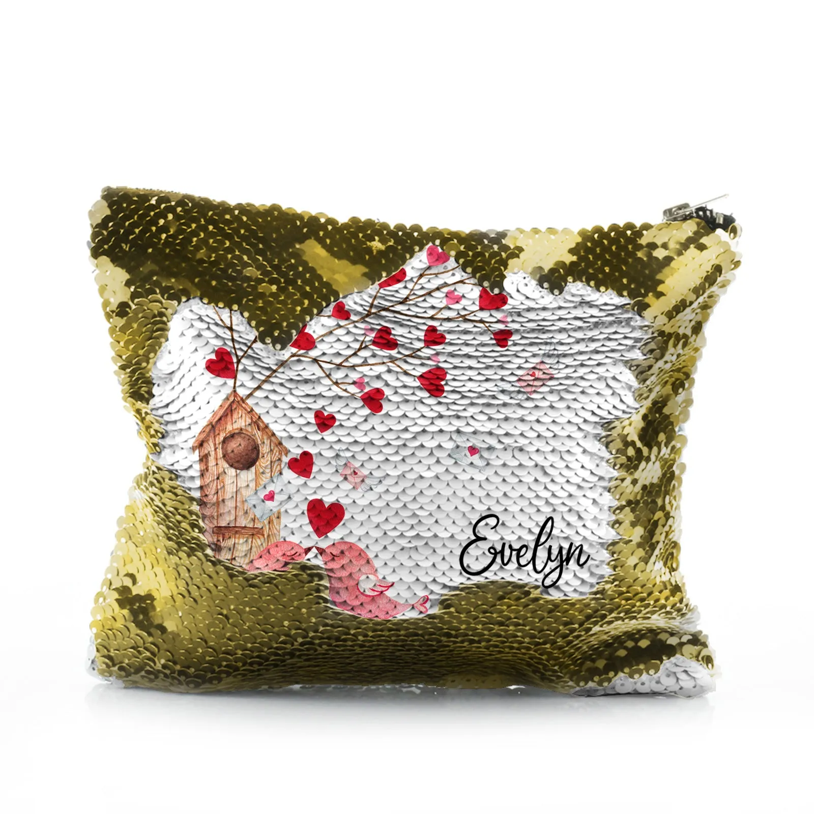 Personalised Sequin Zip Bag with Stylish Text and Love Bird Letters Print
