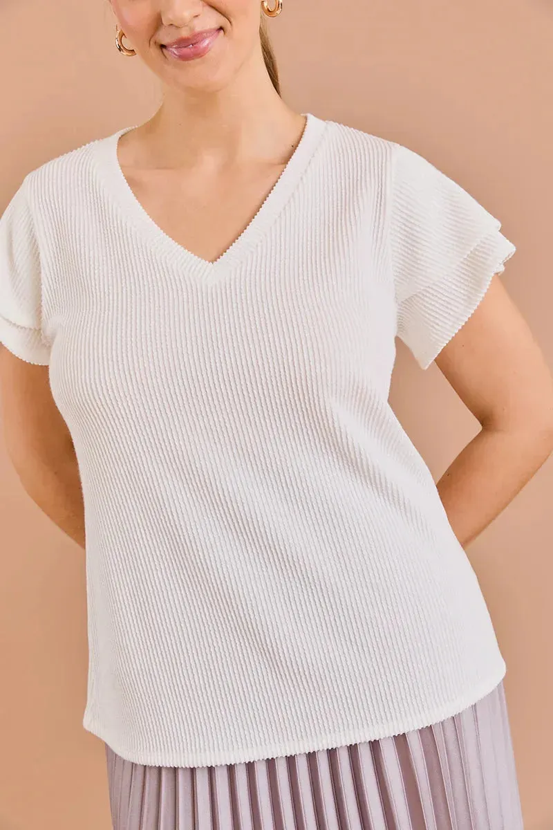 Plus Size Ribbed Double Ruffle Sleeve V-Neck Top