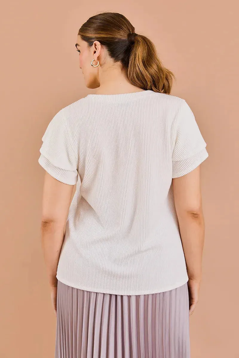 Plus Size Ribbed Double Ruffle Sleeve V-Neck Top