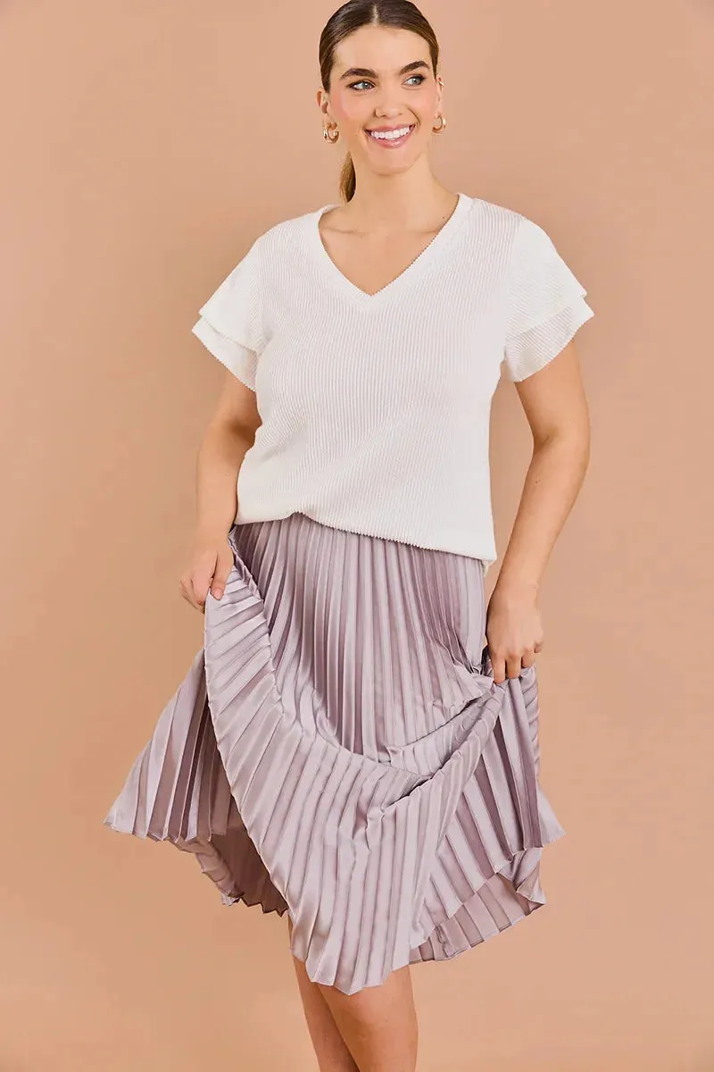 Plus Size Ribbed Double Ruffle Sleeve V-Neck Top
