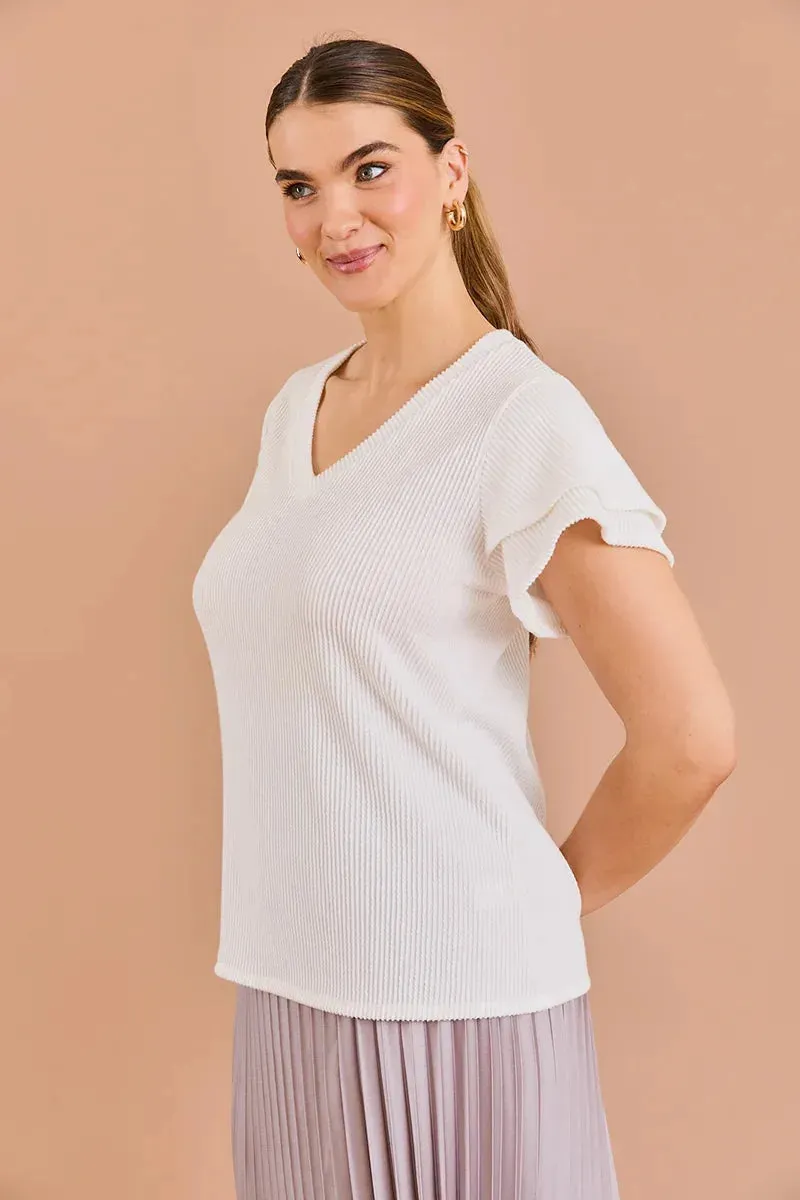 Plus Size Ribbed Double Ruffle Sleeve V-Neck Top