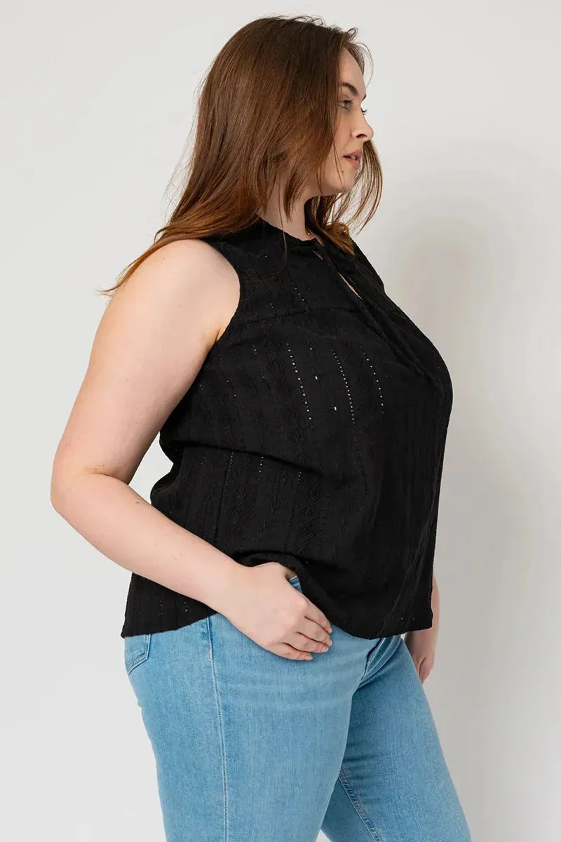 Plus Size Sleeveless Front Slit Self Tie Shirring Top