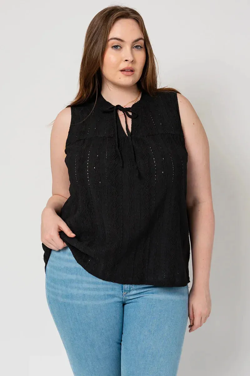 Plus Size Sleeveless Front Slit Self Tie Shirring Top