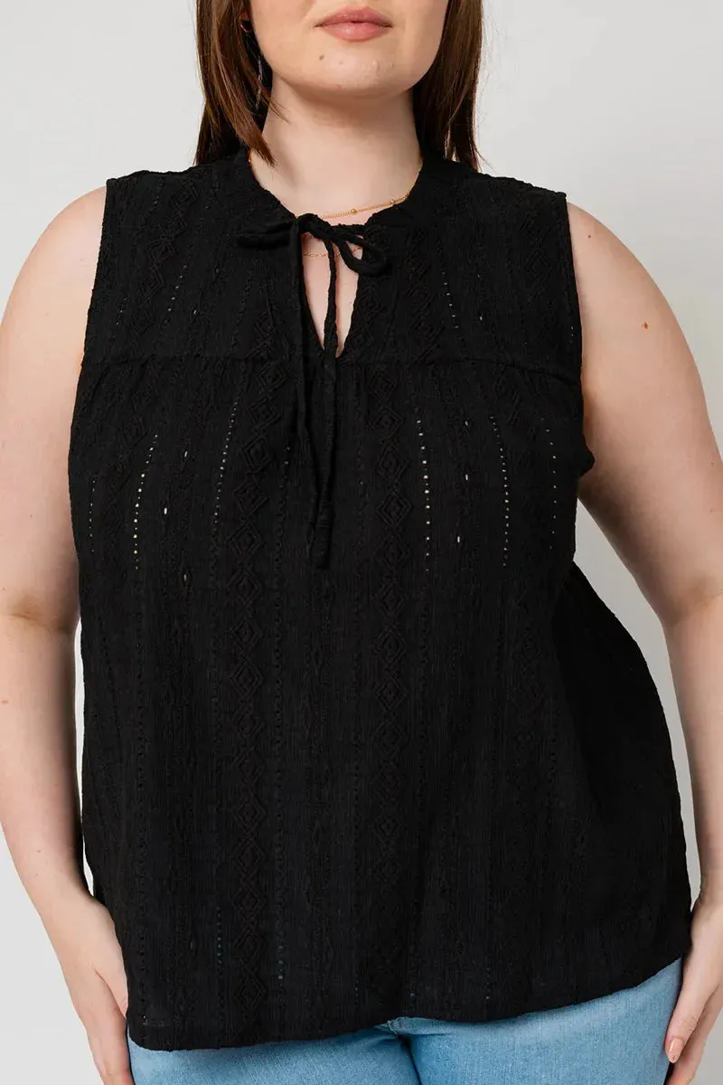 Plus Size Sleeveless Front Slit Self Tie Shirring Top