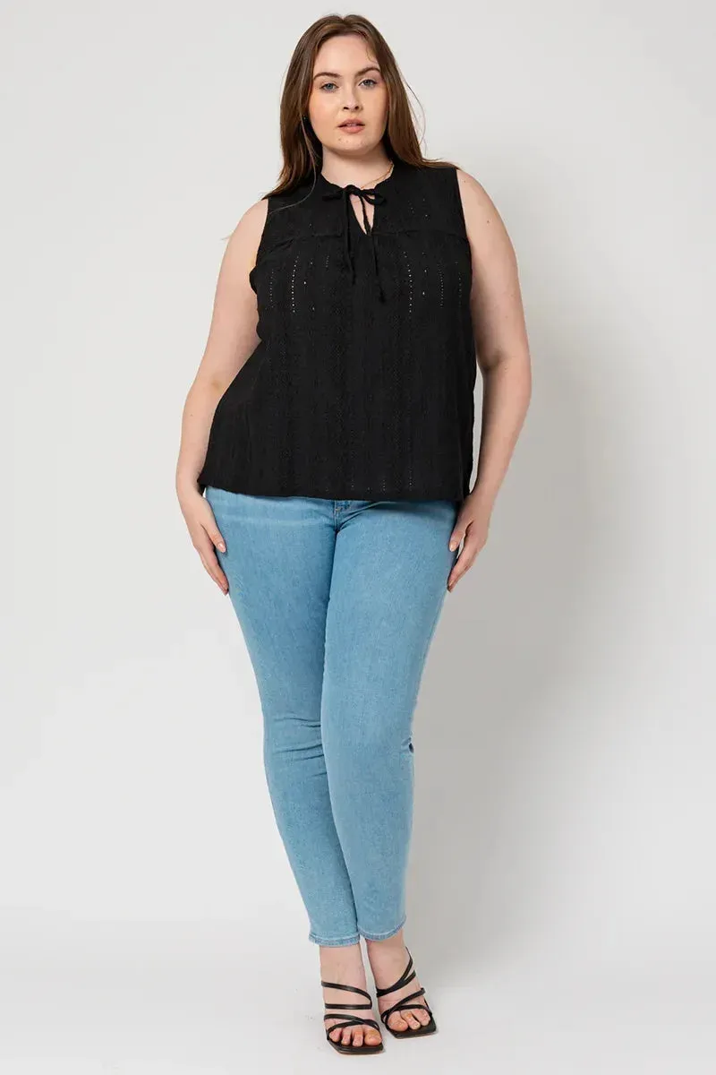 Plus Size Sleeveless Front Slit Self Tie Shirring Top