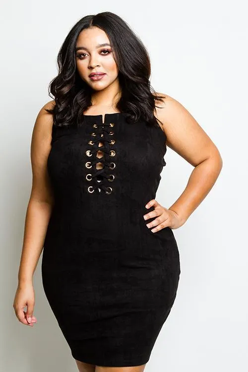Plus Size Suede Effect Sexy Lace Up Dress