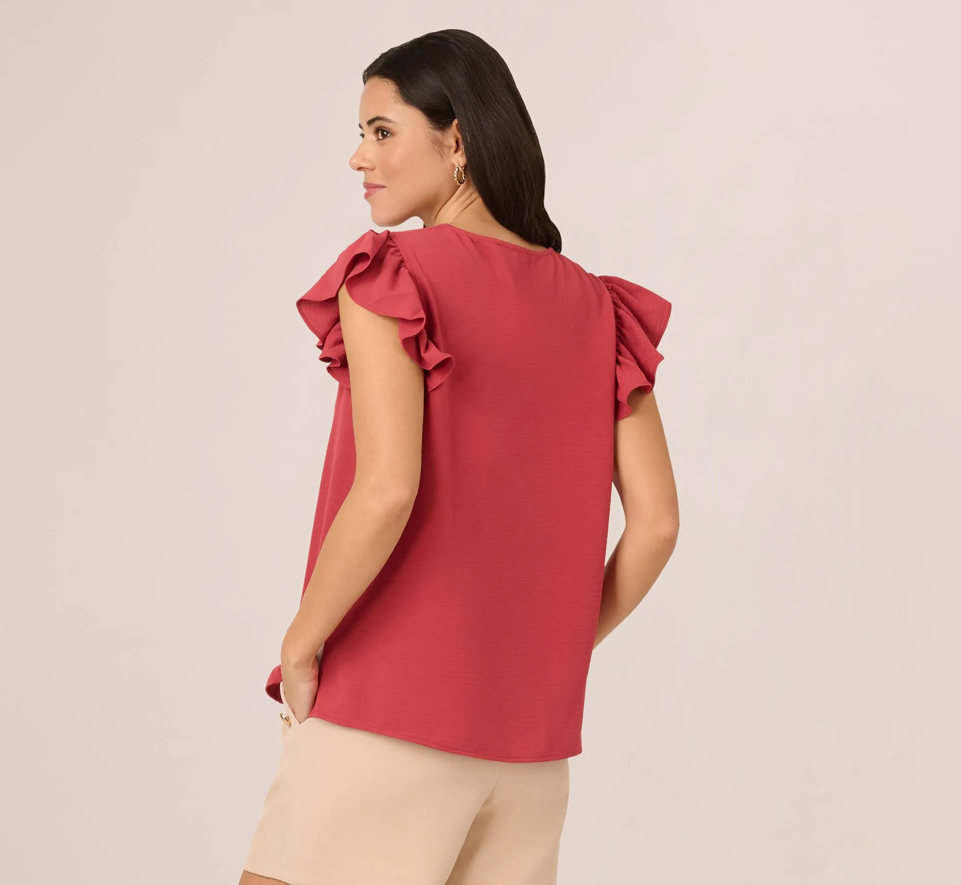 Ruffle Sleeve V Neck Satin Top In Rose