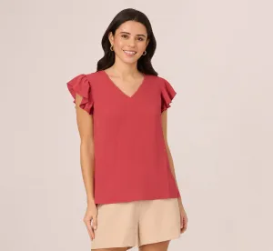 Ruffle Sleeve V Neck Satin Top In Rose