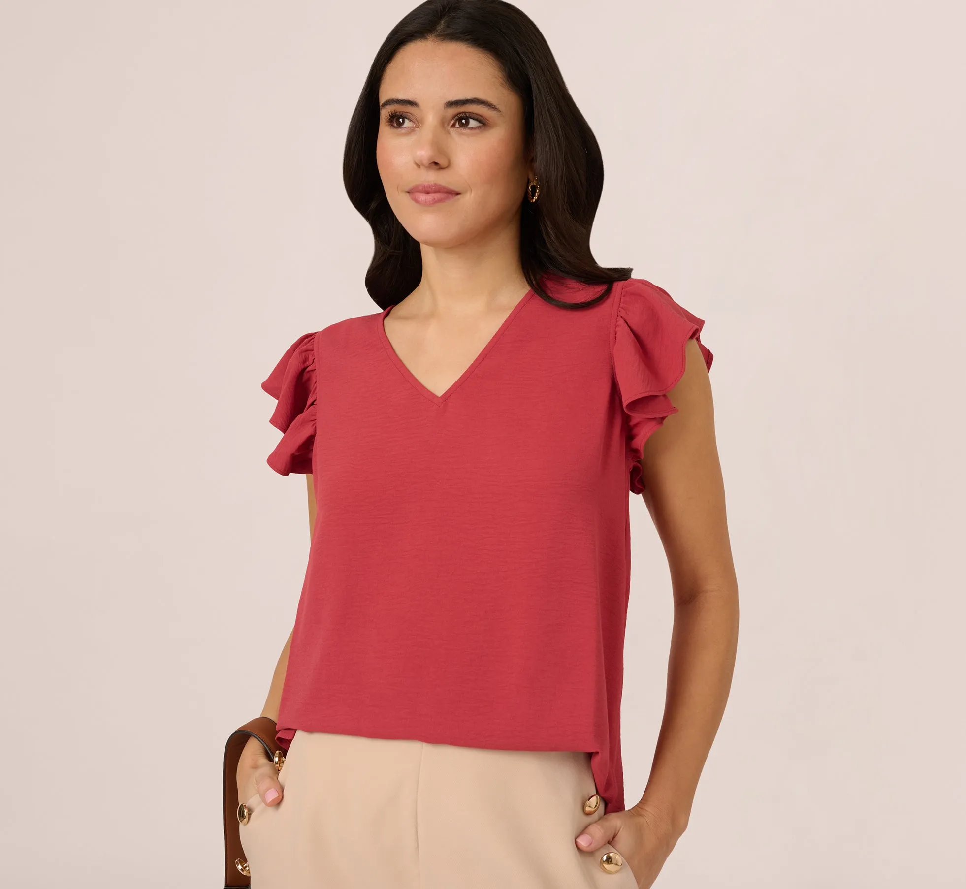 Ruffle Sleeve V Neck Satin Top In Rose