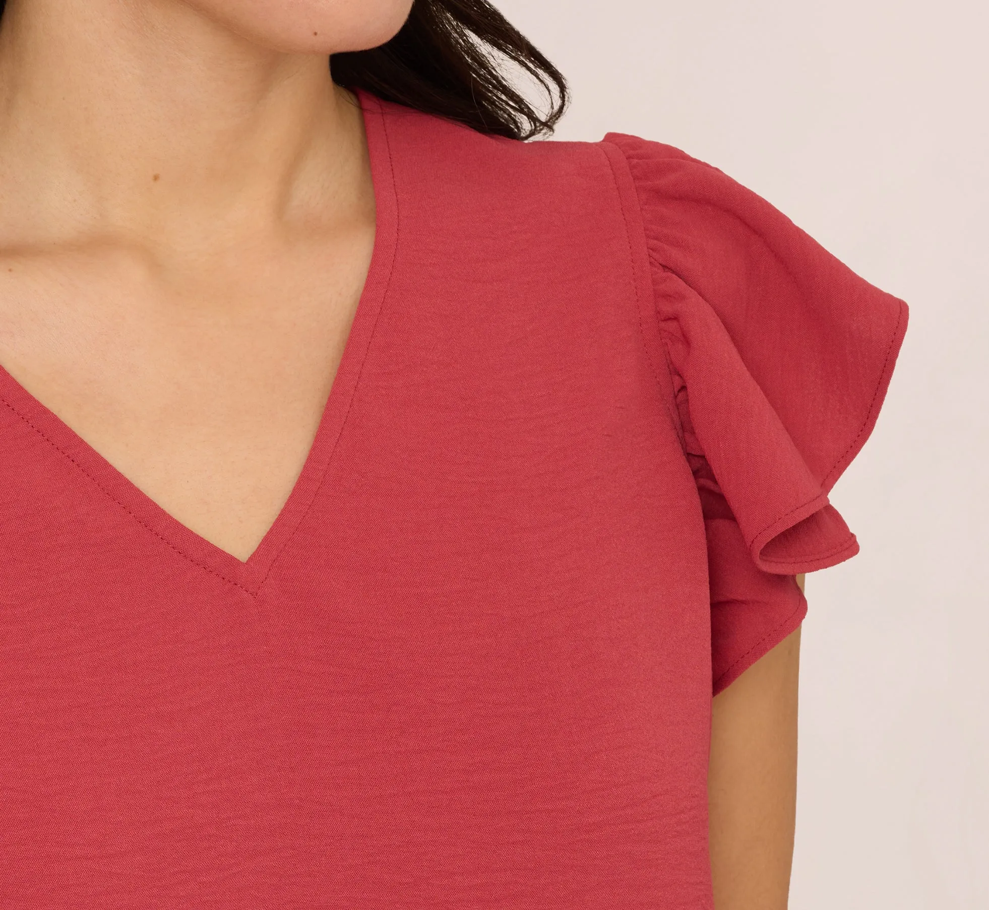 Ruffle Sleeve V Neck Satin Top In Rose