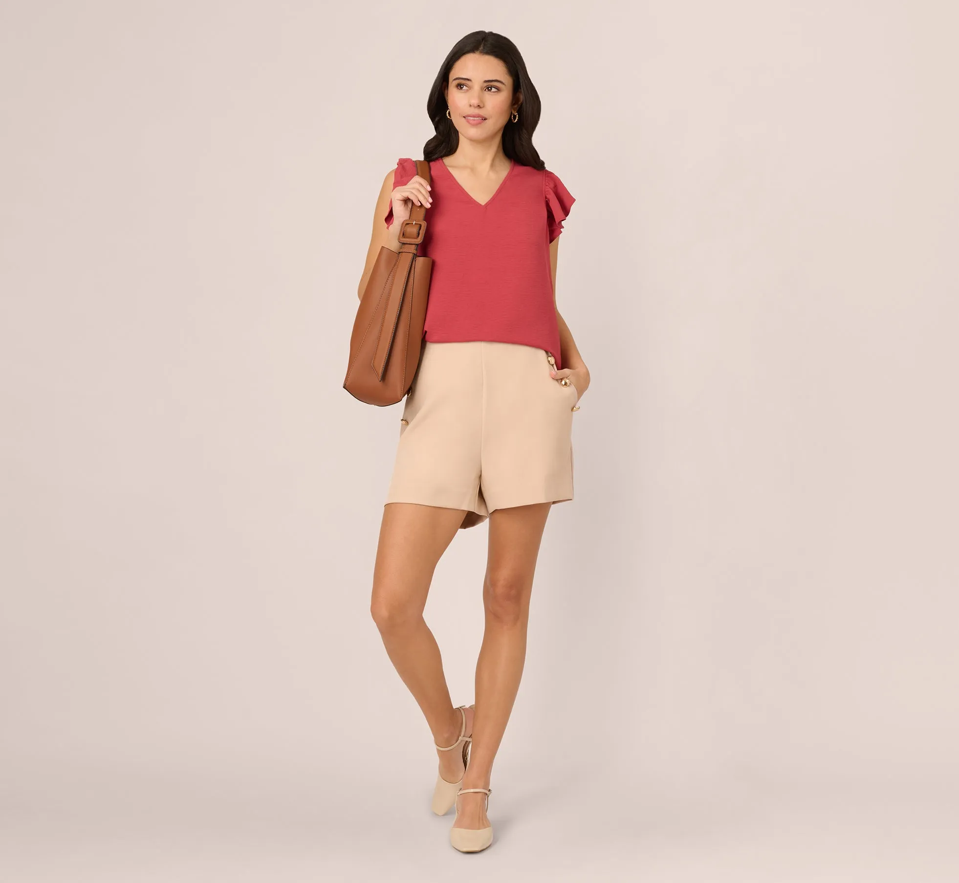 Ruffle Sleeve V Neck Satin Top In Rose