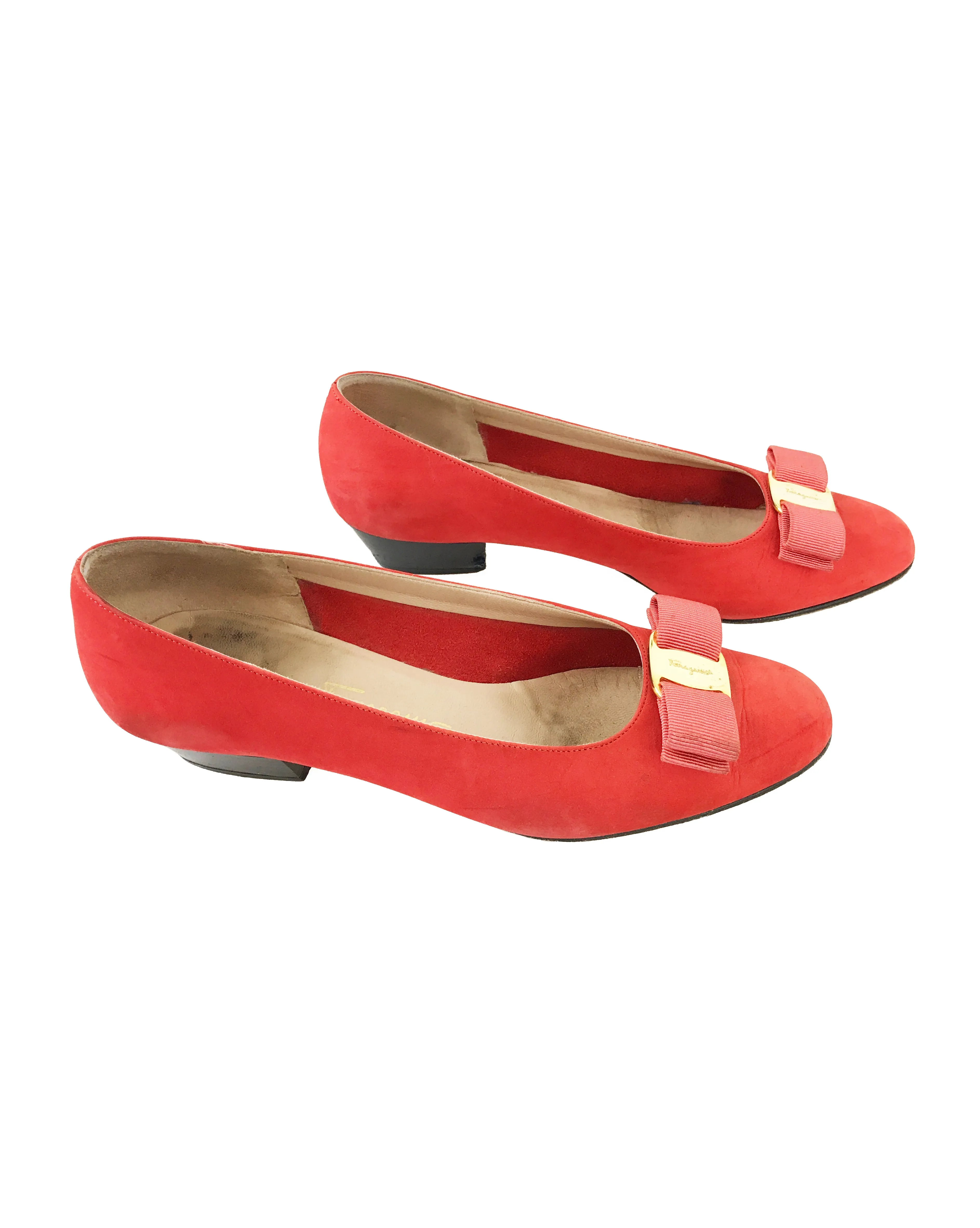 Salvatore Ferragamo 1980s Red Suede Logo Flats
