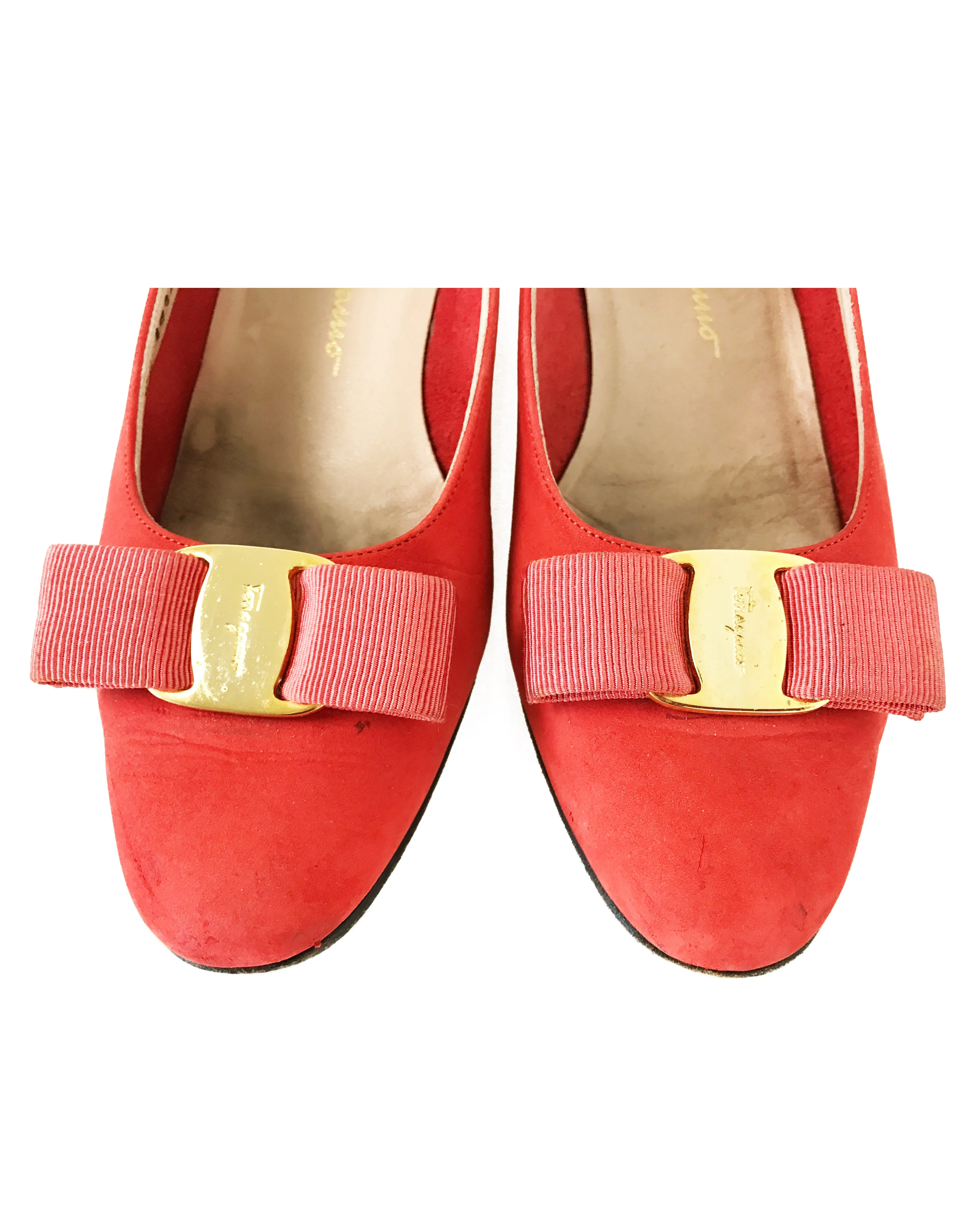 Salvatore Ferragamo 1980s Red Suede Logo Flats