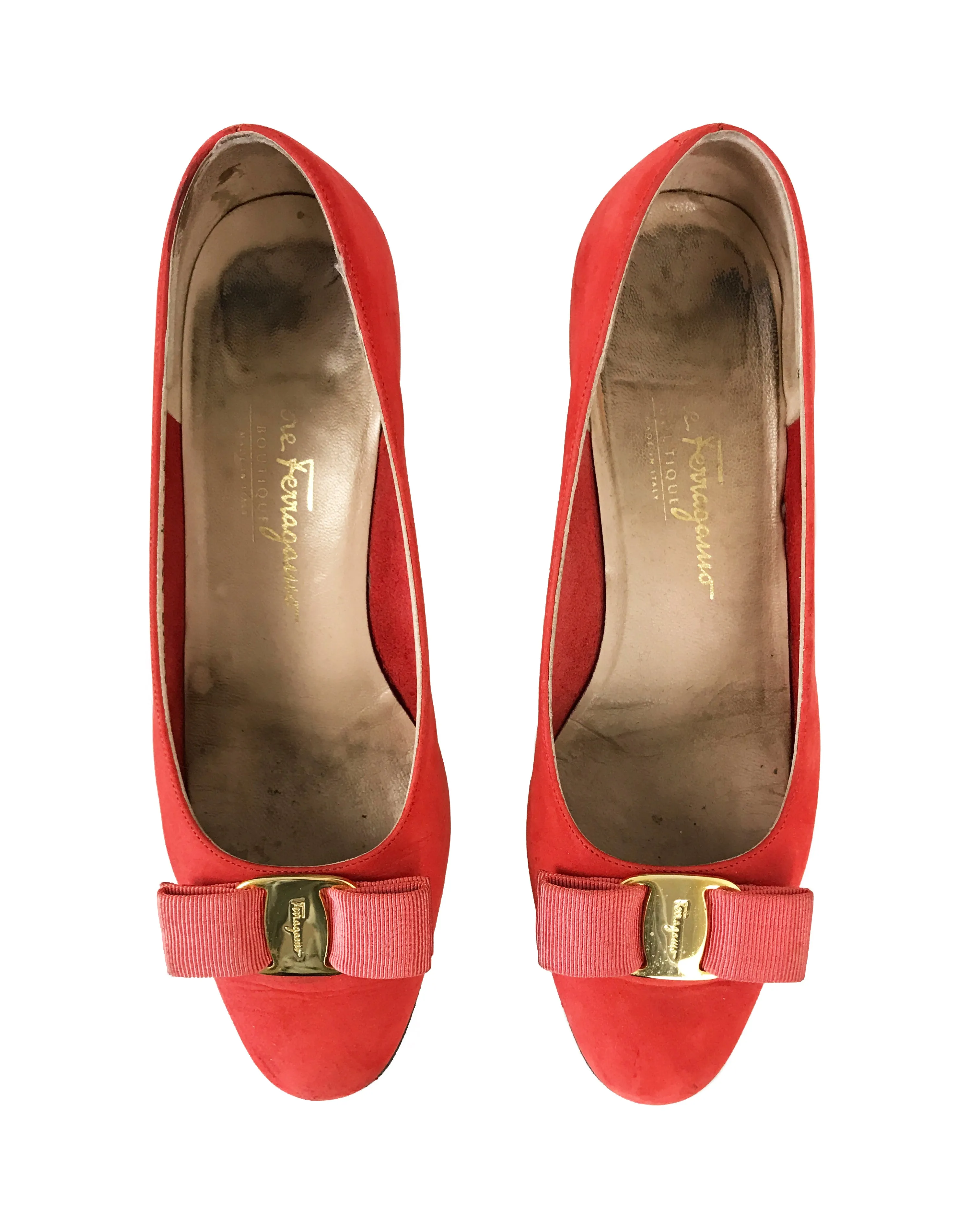 Salvatore Ferragamo 1980s Red Suede Logo Flats