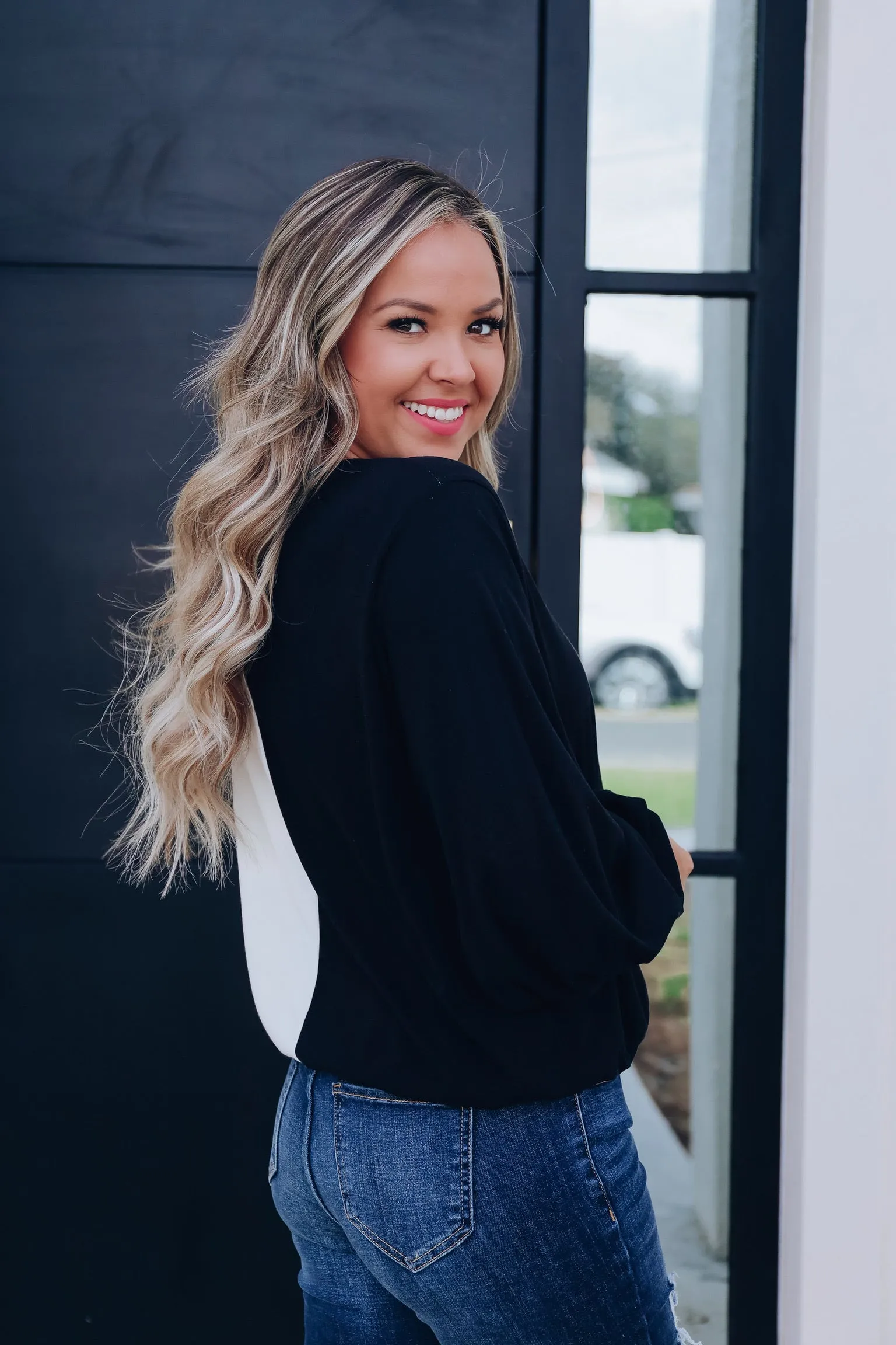 Savvy Surplice Color Block Top - Black
