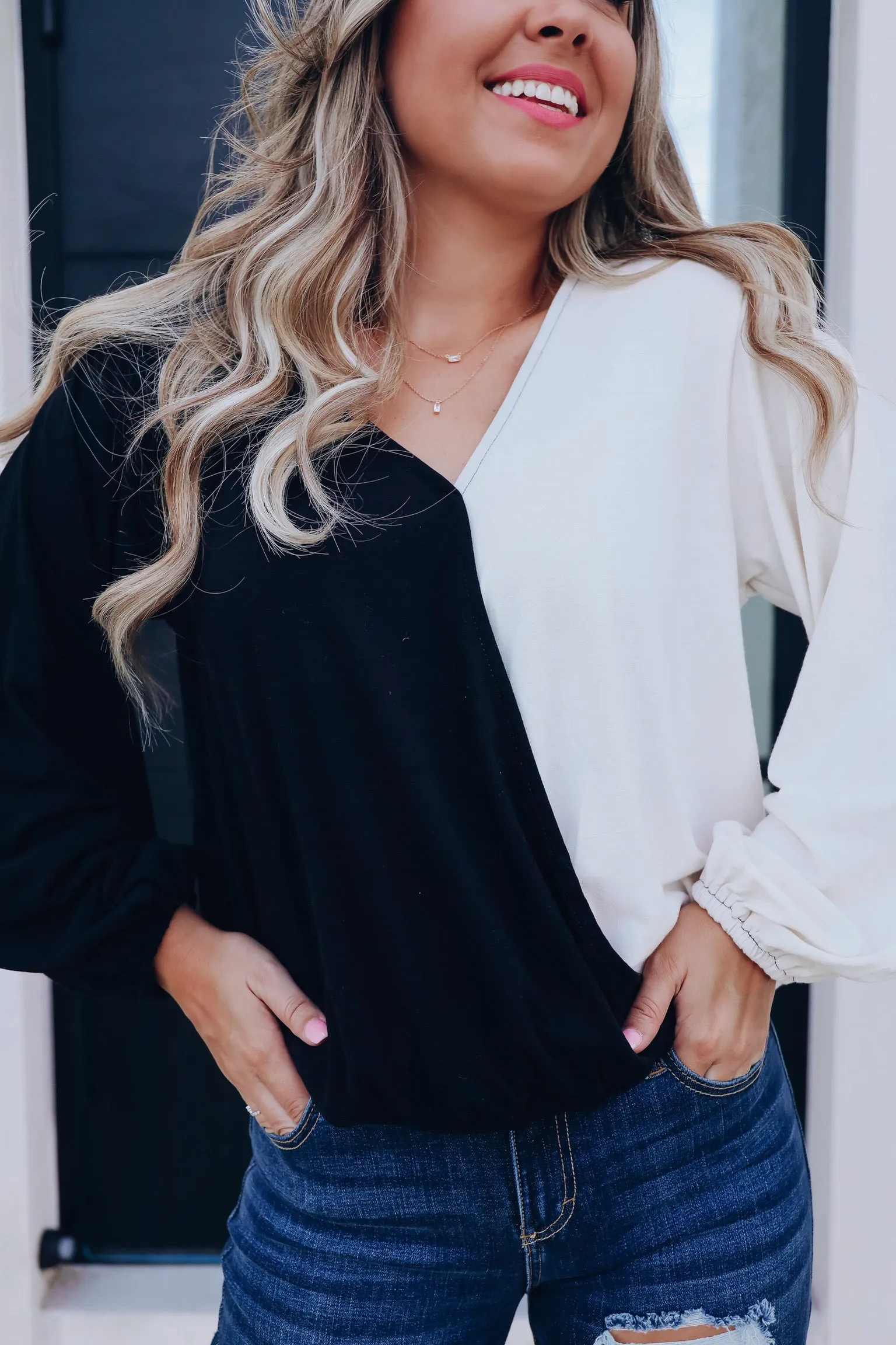 Savvy Surplice Color Block Top - Black
