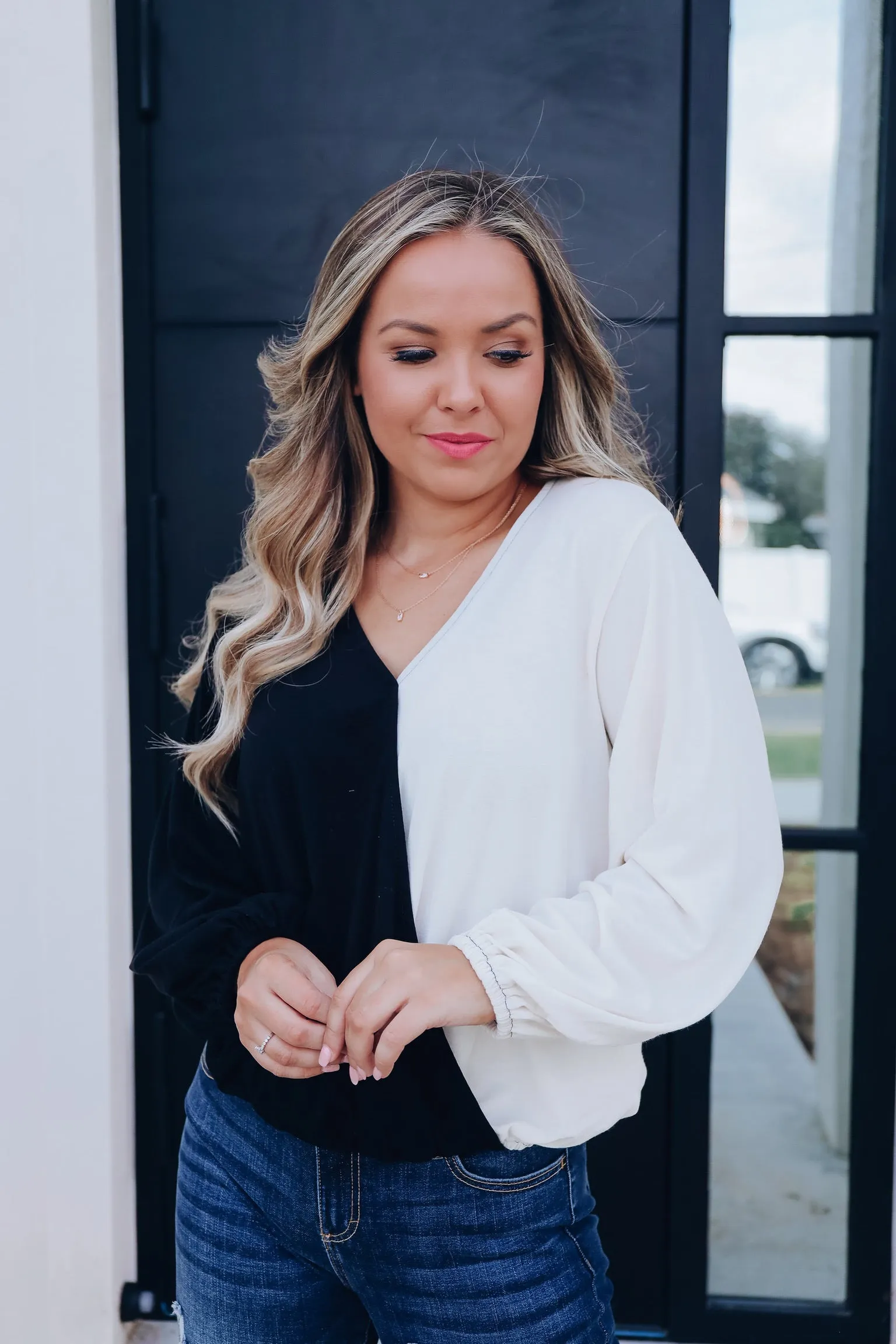 Savvy Surplice Color Block Top - Black
