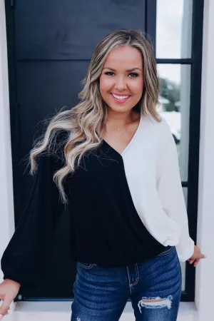 Savvy Surplice Color Block Top - Black