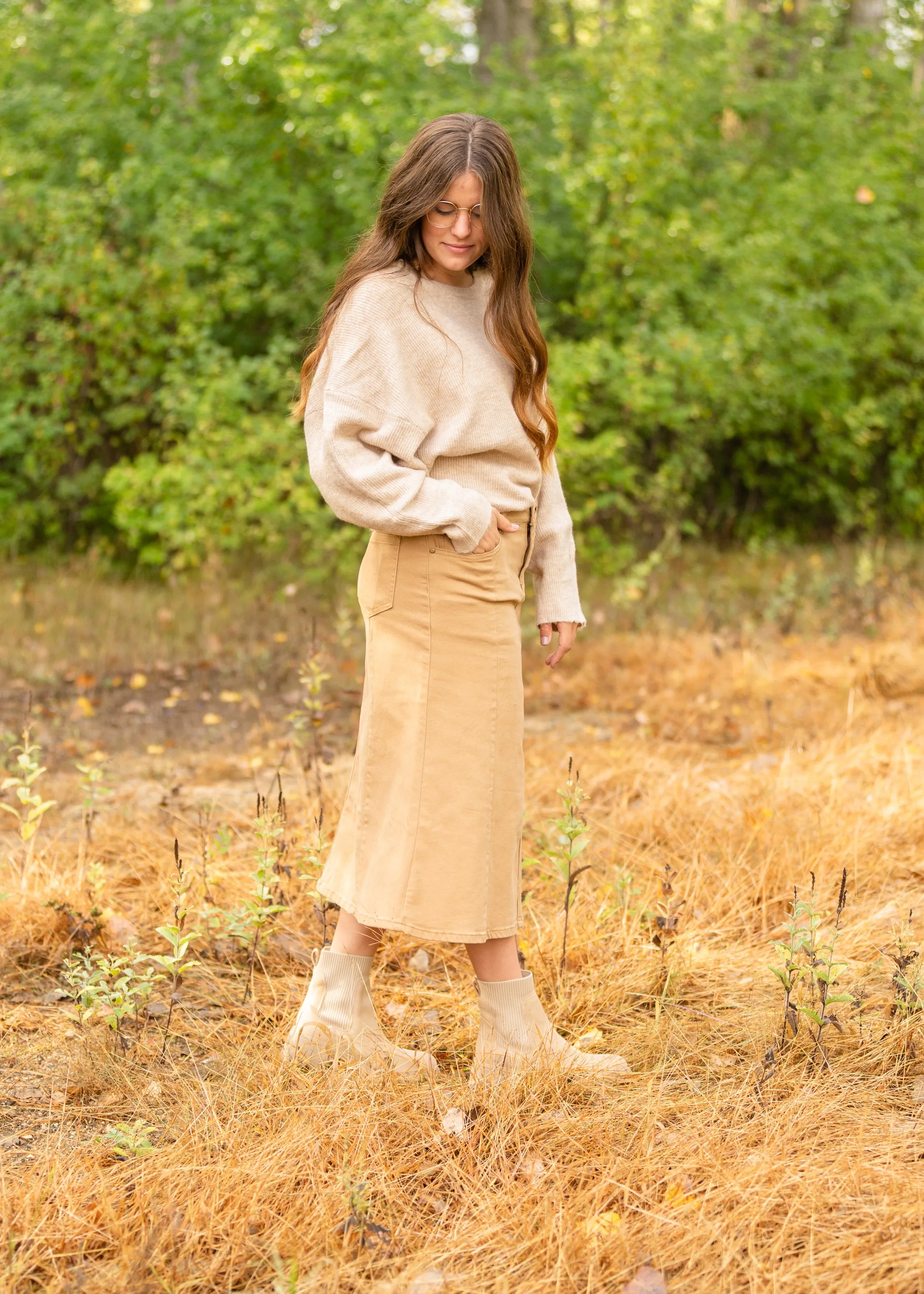 Shayla Paneled Khaki Denim Skirt - FINAL SALE
