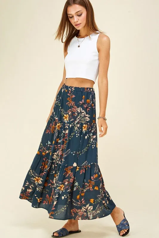 Simply the Best Floral Tiered Skirt in Teal