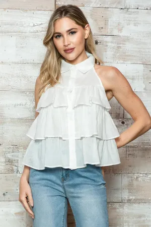 Sleeveless Collared Button Down Ruffle Top