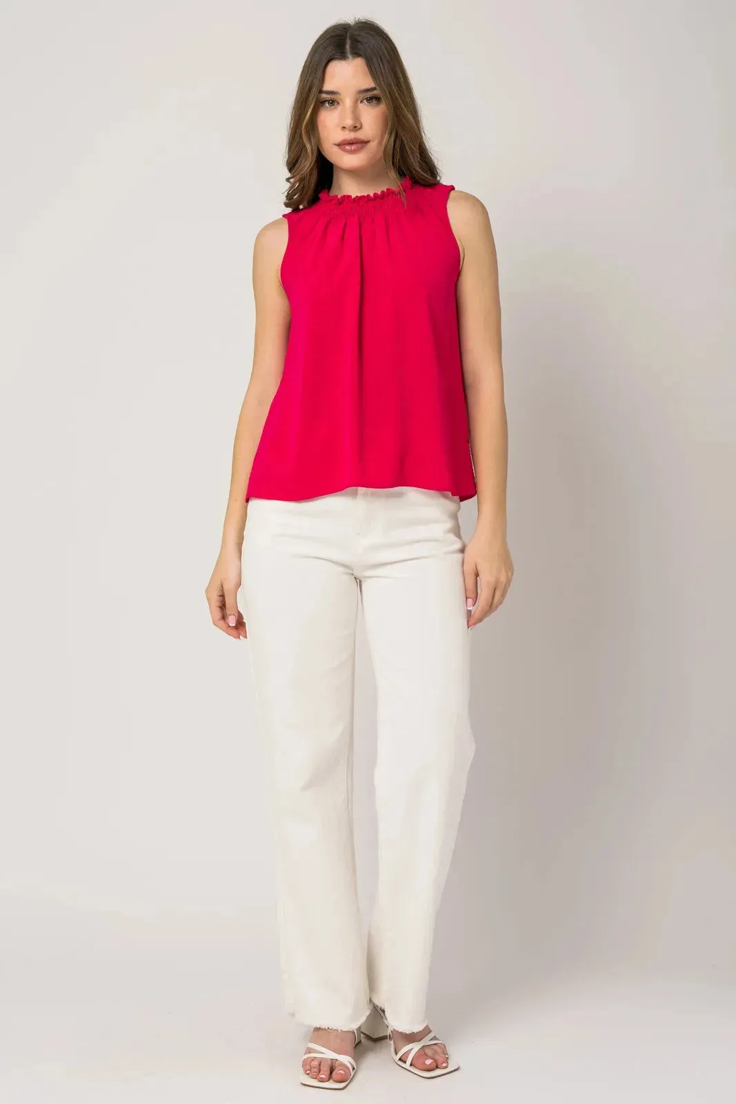 Sleeveless Smocking Neck Flowy Top