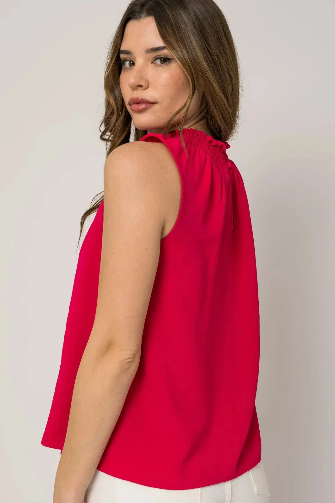 Sleeveless Smocking Neck Flowy Top