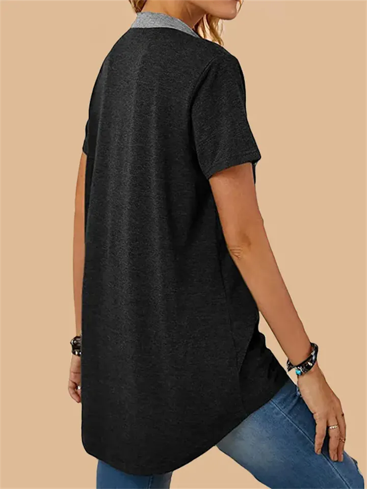 Stylish Patchwork Pocket Button T-shirt for Ladies
