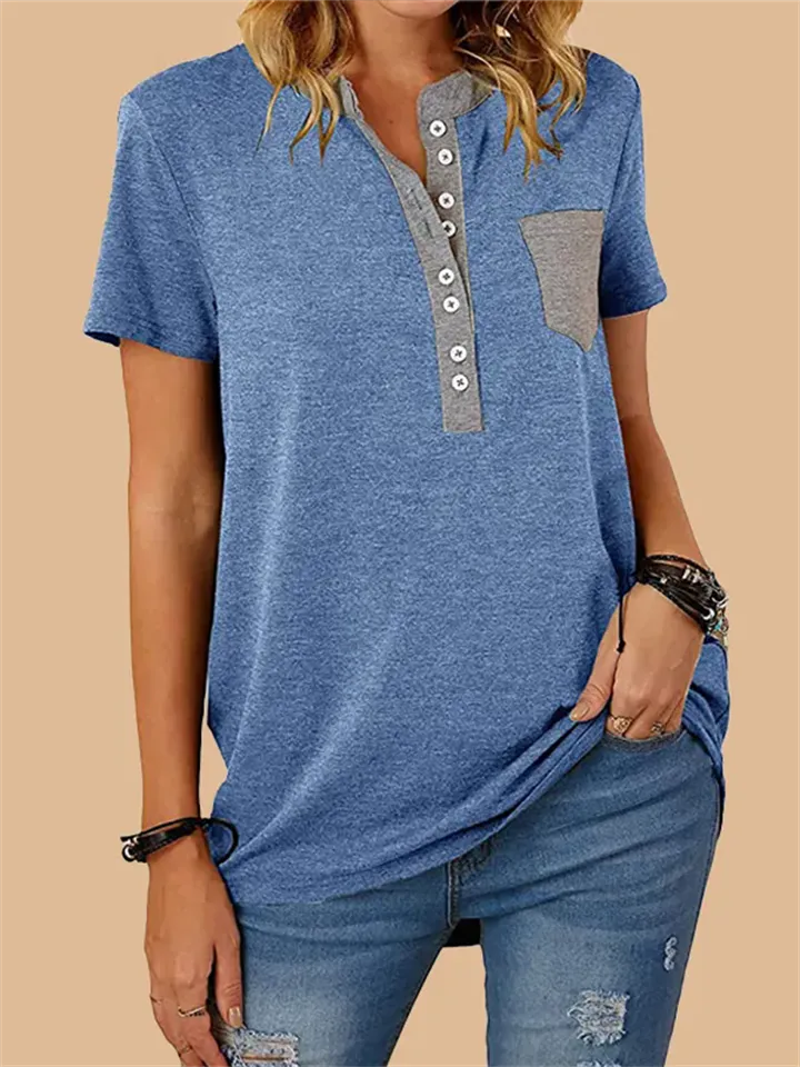 Stylish Patchwork Pocket Button T-shirt for Ladies