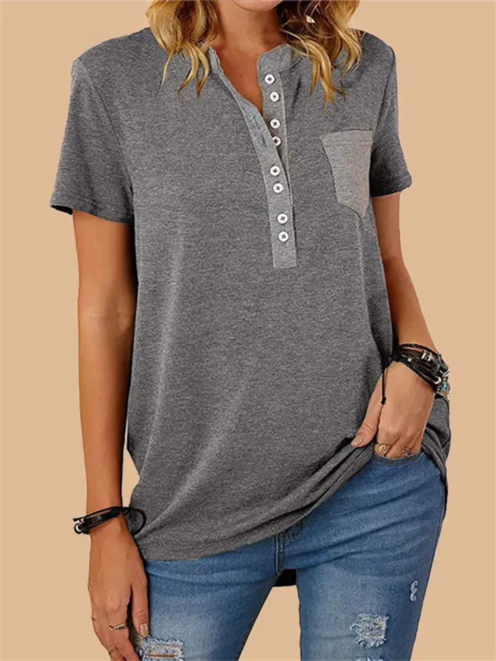 Stylish Patchwork Pocket Button T-shirt for Ladies