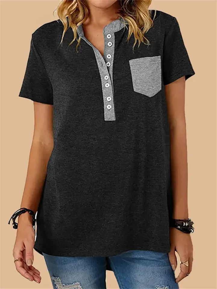 Stylish Patchwork Pocket Button T-shirt for Ladies